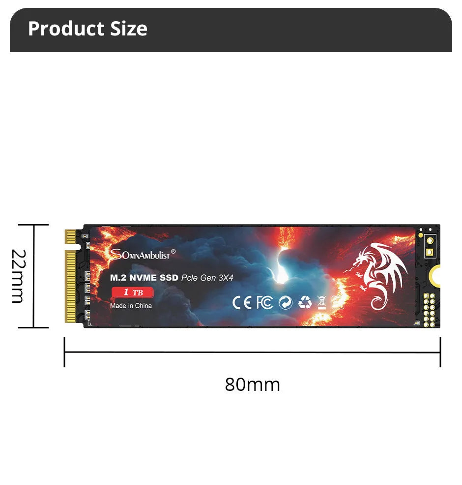 M.2 NVMe Solid State Drive with PCIe 3.0 interface measuring 80mm x 22mm