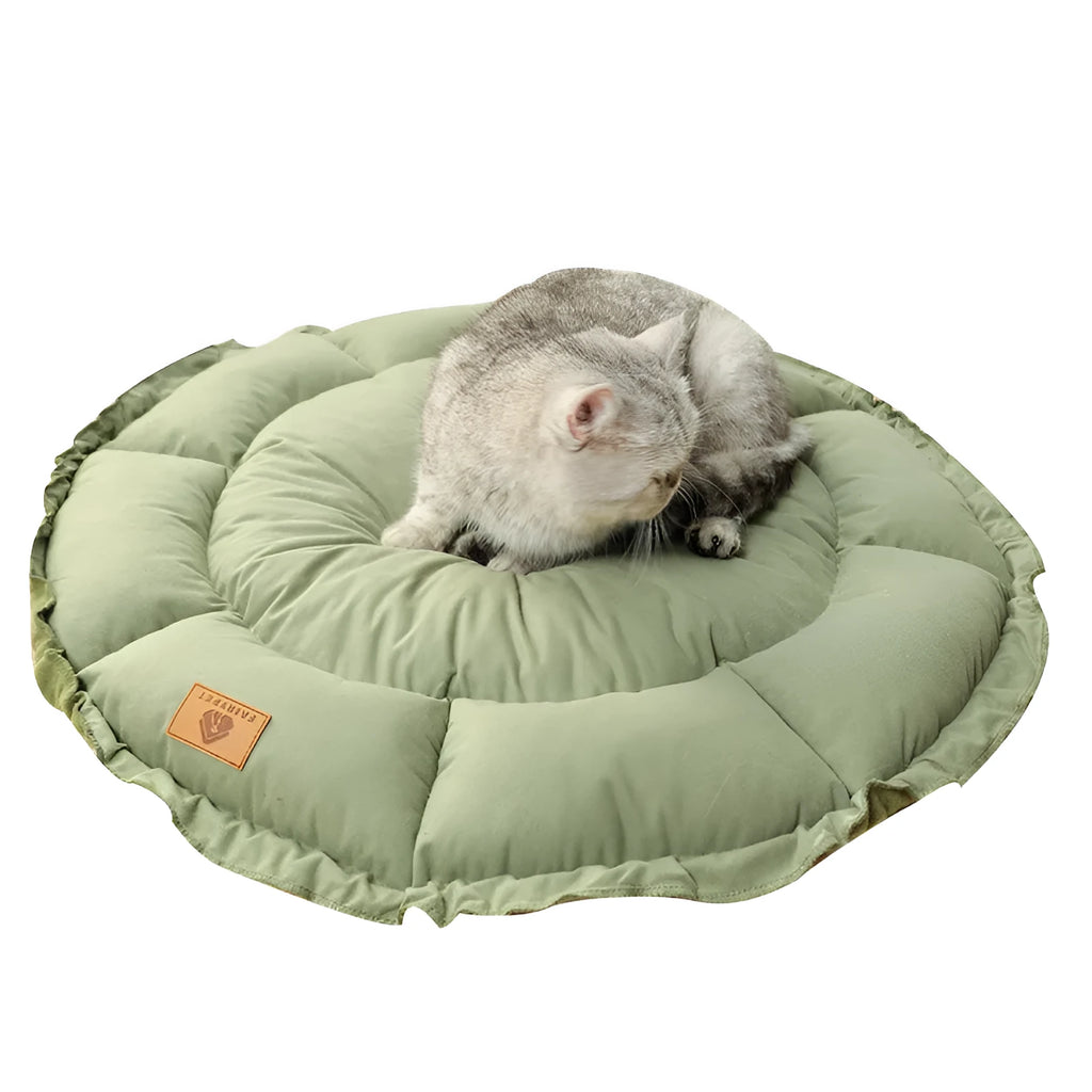 Grey reversible donut cat bed shown in both its donut shape and flipped over to its flat pad side.