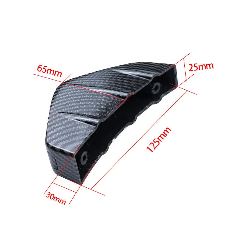 Black ABS plastic triangle car rear spoiler measuring 15cm wide, shown with adhesive and screws.