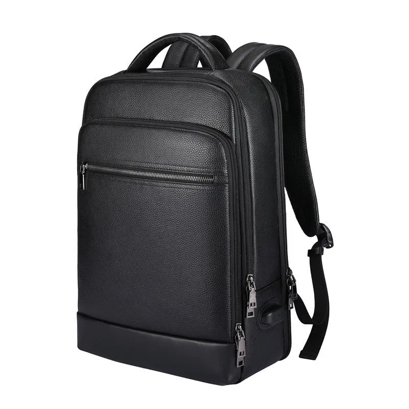 Black genuine leather men's business backpack with curved shoulder straps and visible sewing lines