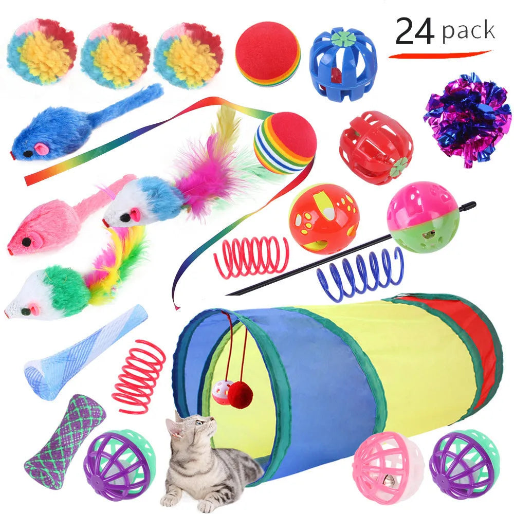 Plastic cat toy set with interactive tunnel and colourful accessories for indoor feline play