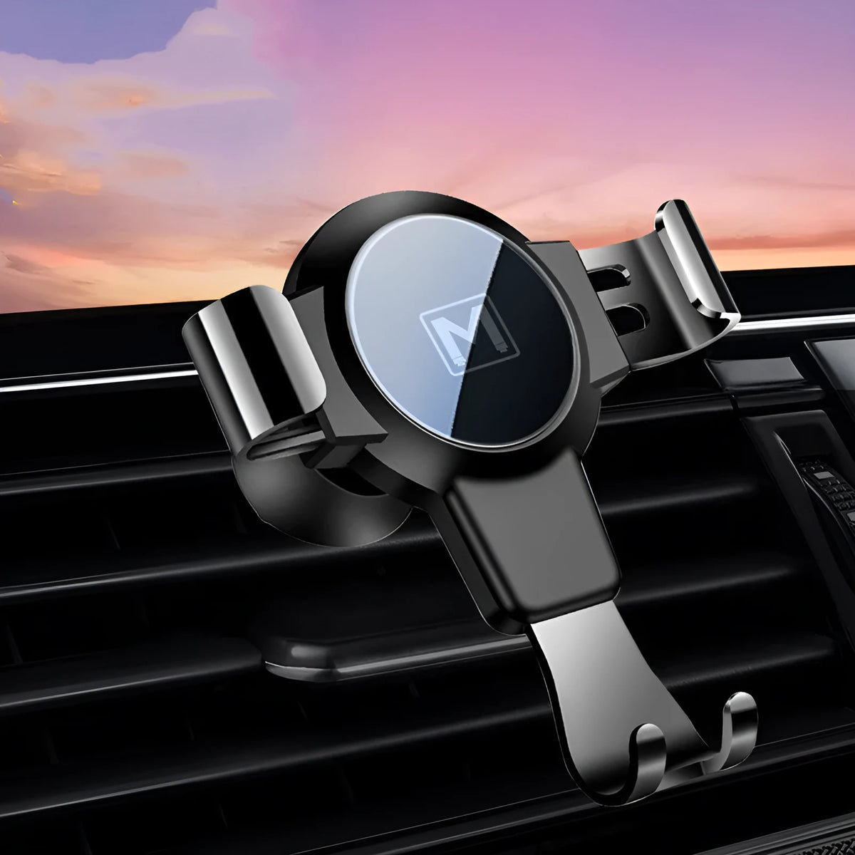 Black S4 gravity mirror car phone bracket attached to a car air conditioning vent, holding a mobile phone.