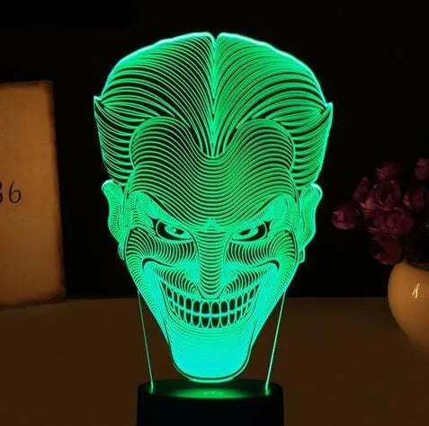 3D LED acrylic table lamp with USB cable and remote control showing multiple colour options