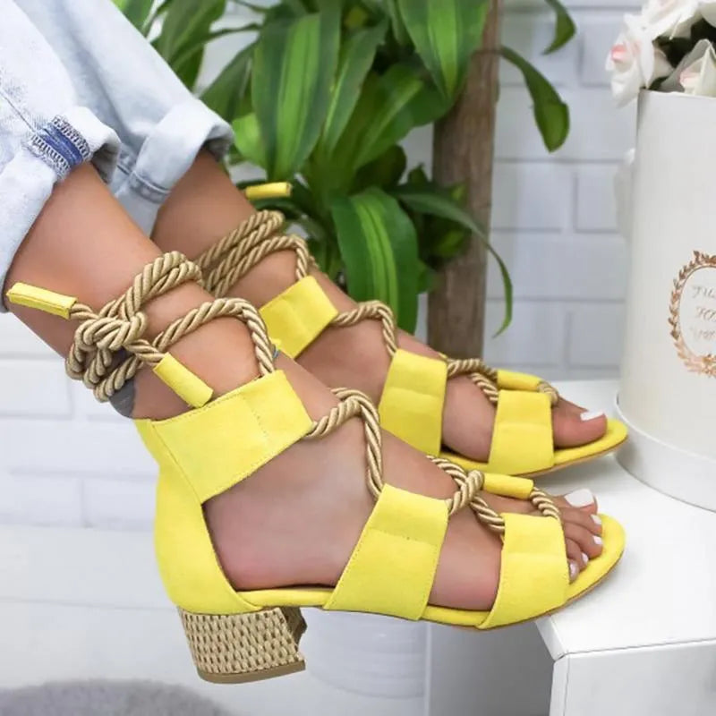 Women's beige suede sandals with front and ankle straps, thick 3-5cm heel.