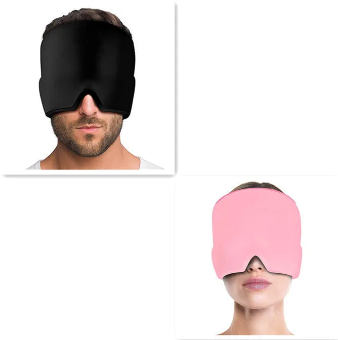Black elastic cloth gel cooling eye mask for headache relief, shown with adjustable strap.