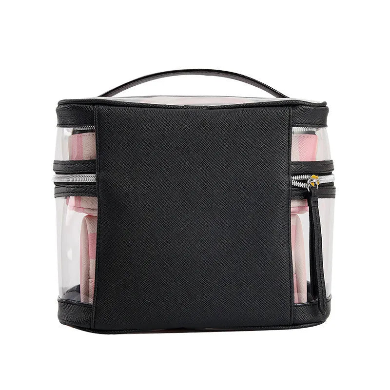 Pink striped floral pattern waterproof synthetic leather makeup bag with nylon lining.