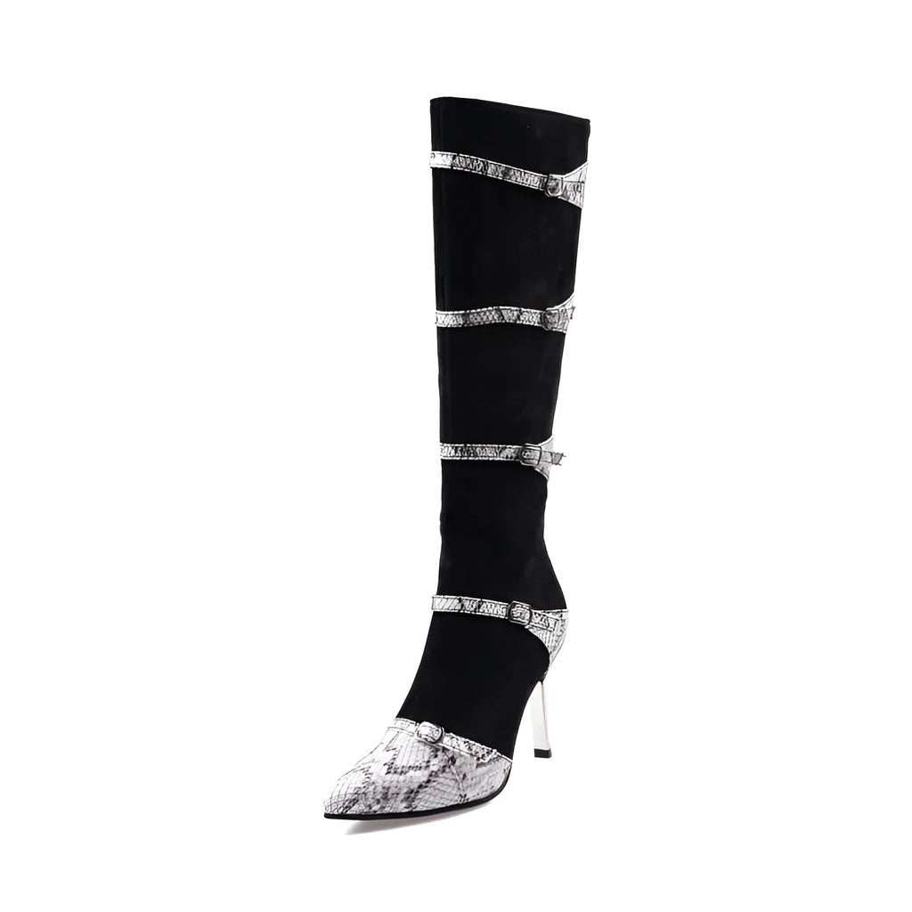 Women's grey and black knee high boots with thin high heels for autumn wear