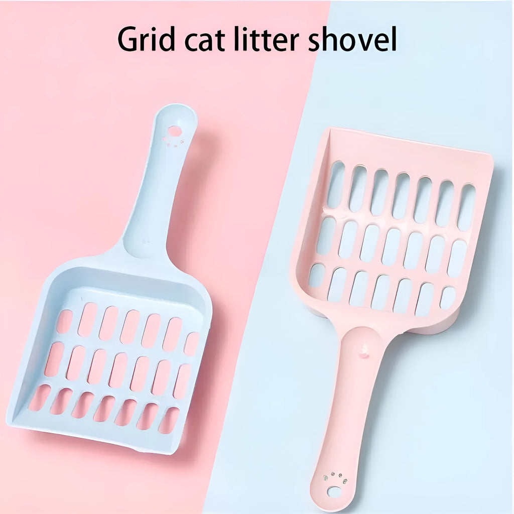 Blue plastic cat litter scoop on a white background, showing its 20cm length and scoop shape.