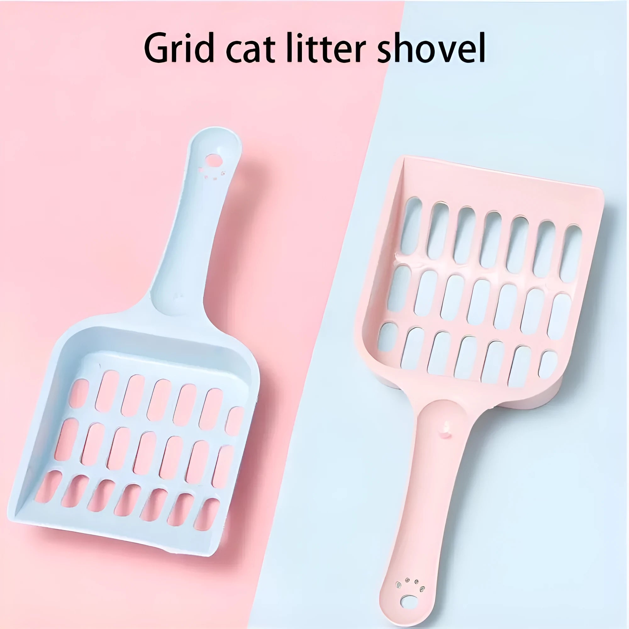 Blue plastic cat litter scoop on a white background, showing its 20cm length and scoop shape.