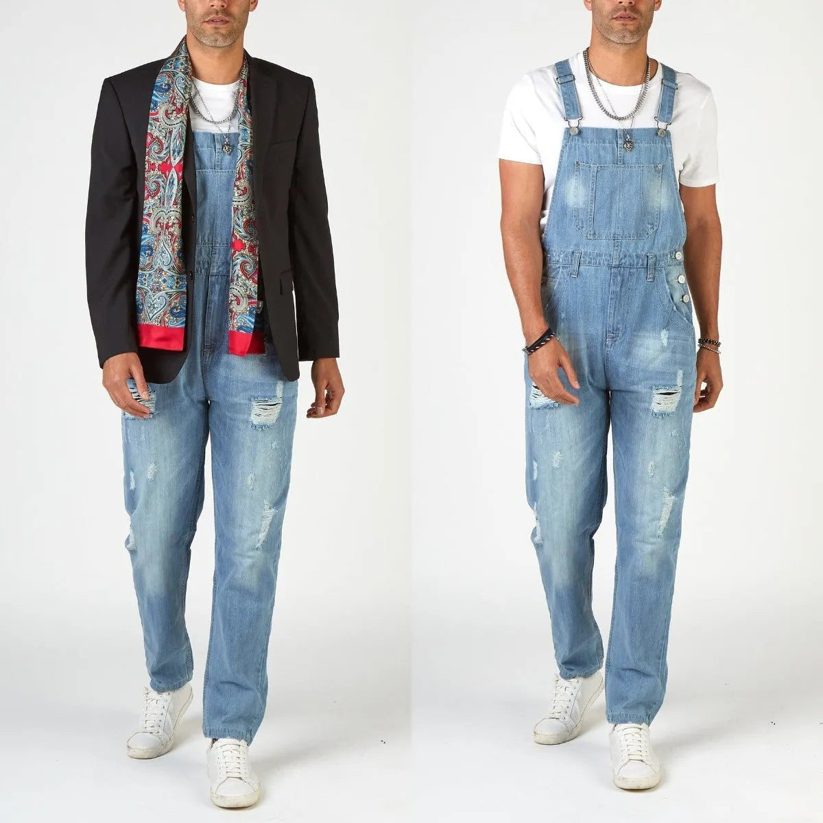 Men's light blue high-waisted suspender jeans with straight leg design and button fly closure