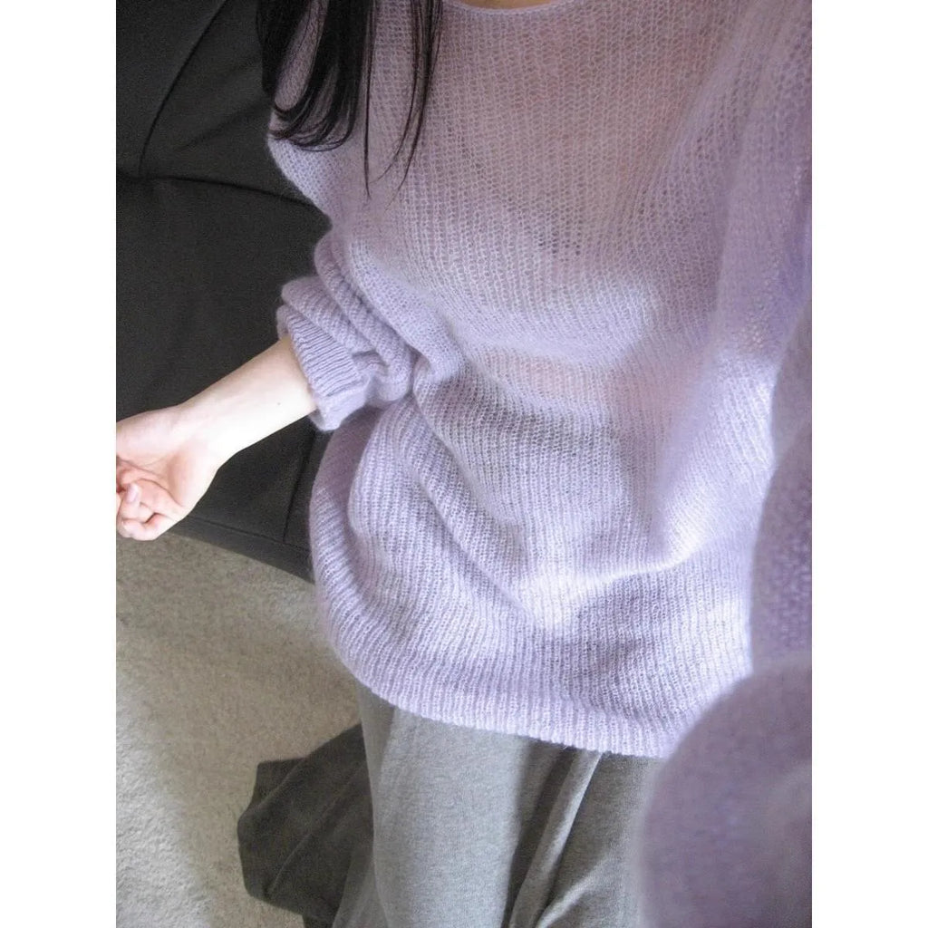 Purple women's blouse with round neck, princess sleeves, and shoulder strap hollow out design