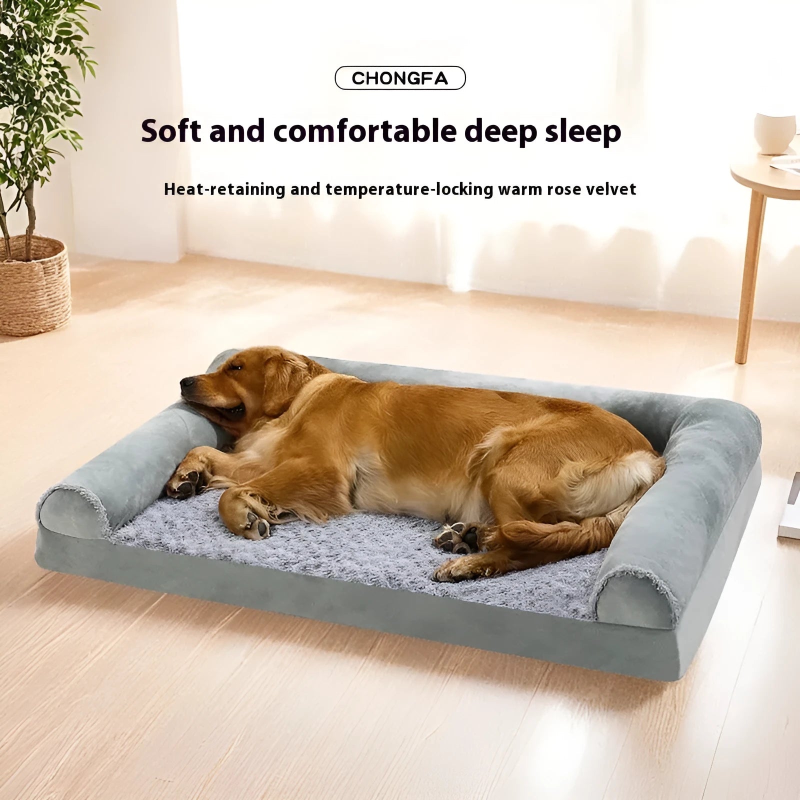 Grey cloth dog kennel with removable cushion for medium large breeds in indoor setting