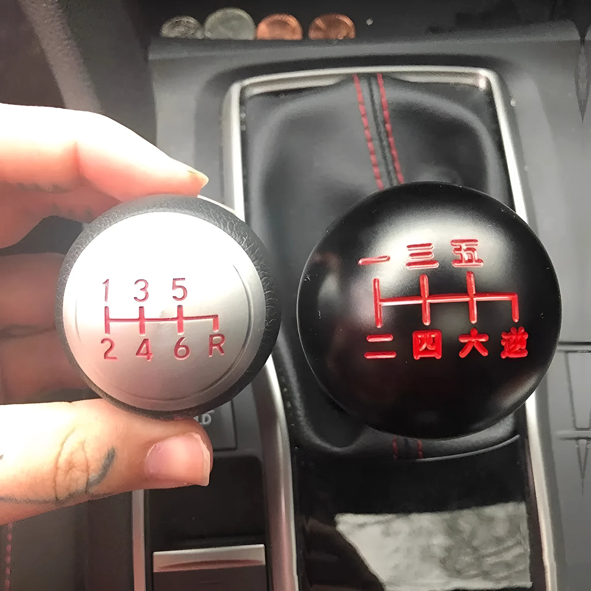 Aluminium alloy round car gear shift knob in universal fit with multiple colour options displayed.