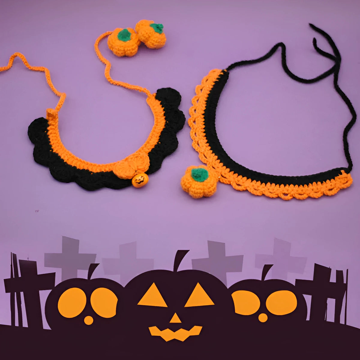Handmade wool crocheted Halloween pet collar for cats and dogs with adjustable sizing