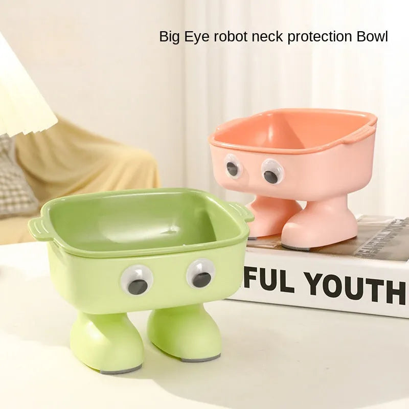 Robot-shaped elevated cat bowl with 15-degree tilt and detachable inner bowl