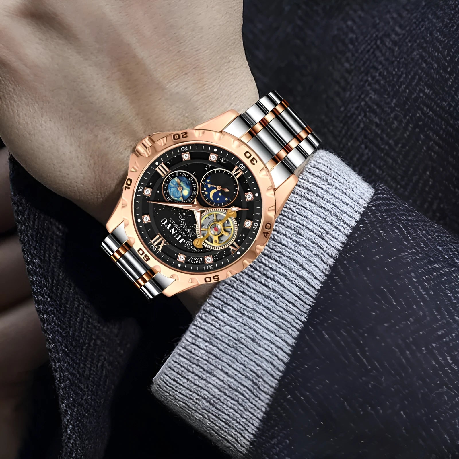 Automatic mechanical men's watch with luminous hands and waterproof case in rose gold black starry sky face option