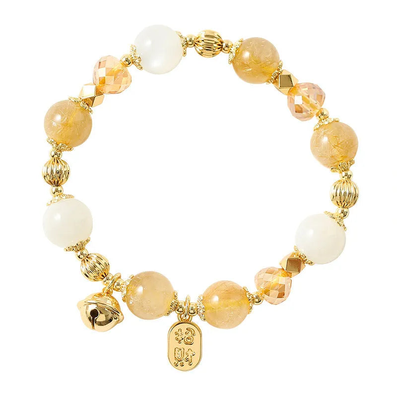 Gold electroplated rutilated quartz crystal bracelet in Korean style with lucky fortune gold colour quartz beads