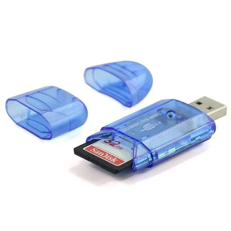 Transparent LED USB card reader with plastic construction and card holder on white background