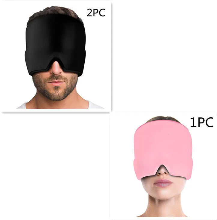 Black elastic cloth gel cooling eye mask for headache relief, shown with adjustable strap.