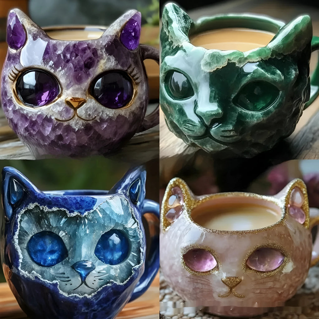 Purple decorative resin geode mug with embedded crystal cat figurine on a white surface.