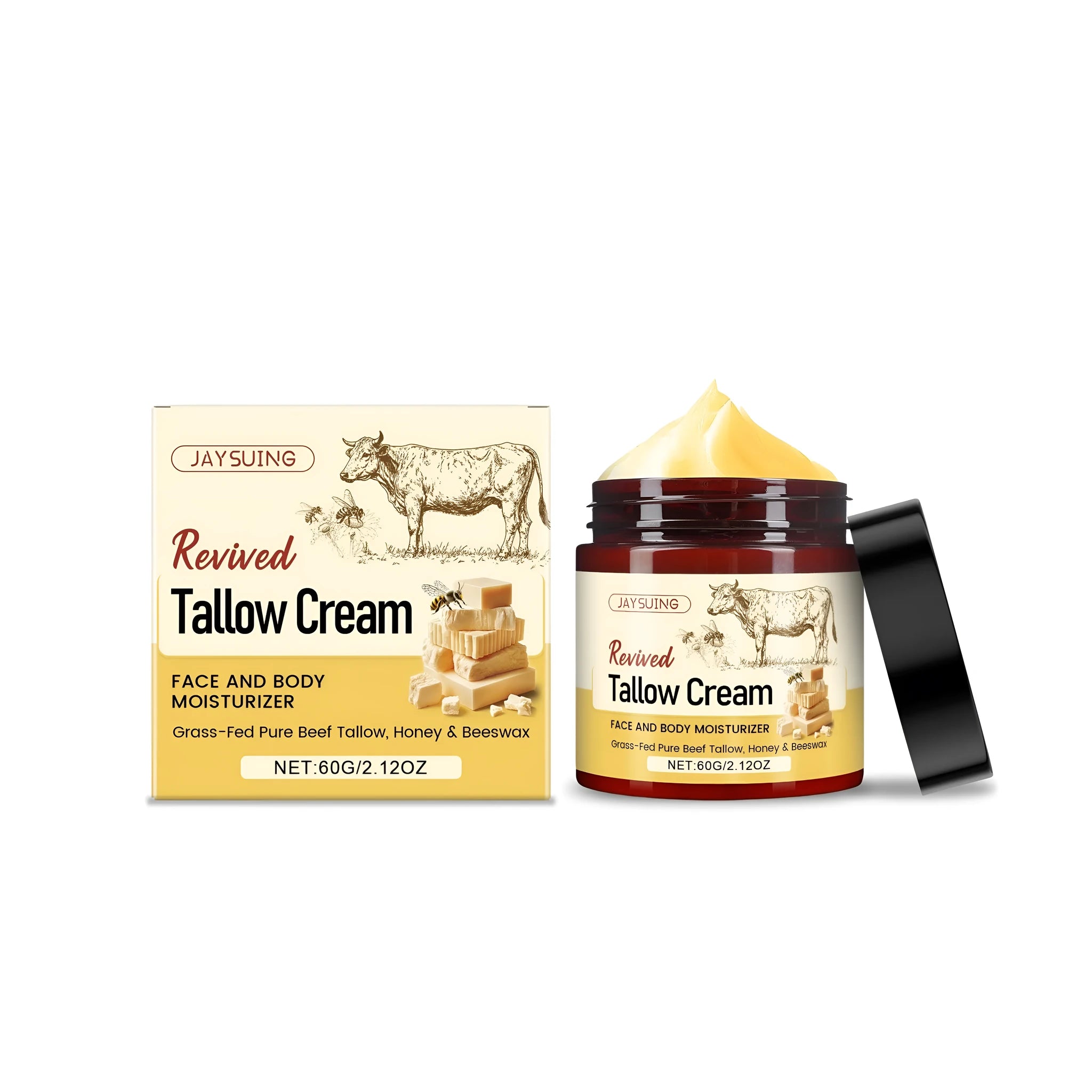 A 60g jar of Revived Tallow moisturising face cream with honey and beeswax.