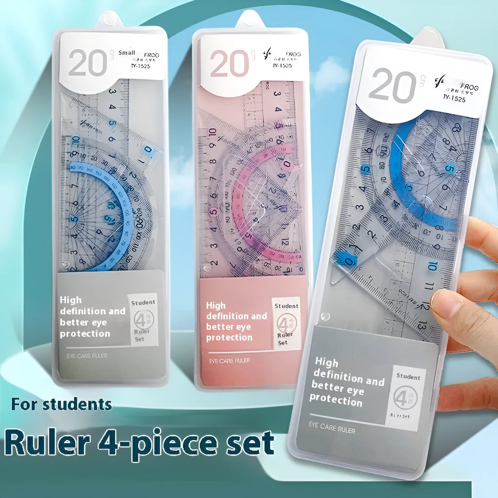 Youpai transparent acrylic drawing ruler set showing square, protractor, and straight edge rulers