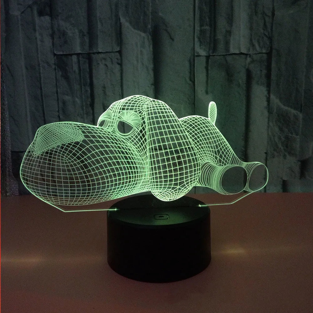 3D illusion dog desktop lamp showing seven colour options with touch button control