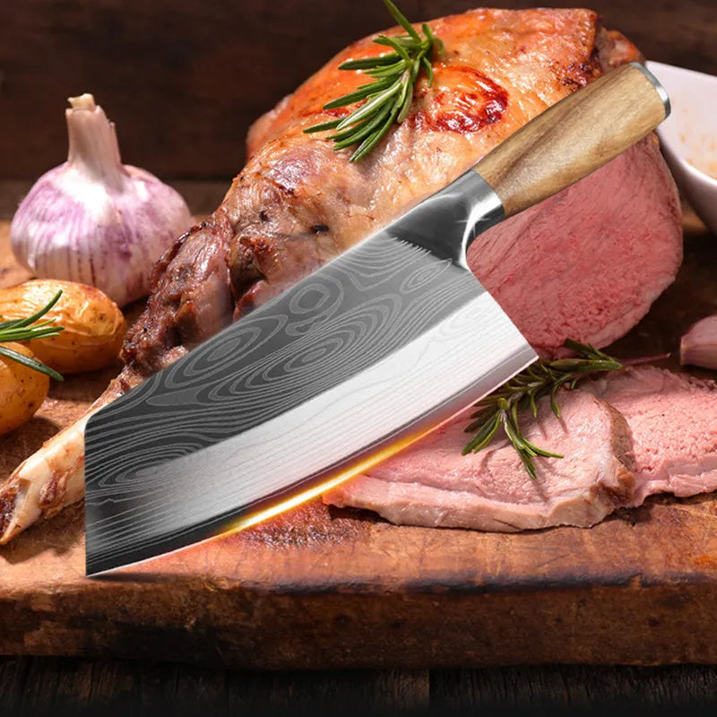 Stainless steel kitchen knife with 320mm blade on a kitchen counter