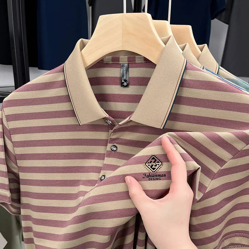 Men's striped casual short sleeve shirt with mosaic pattern in polyester fibre fabric