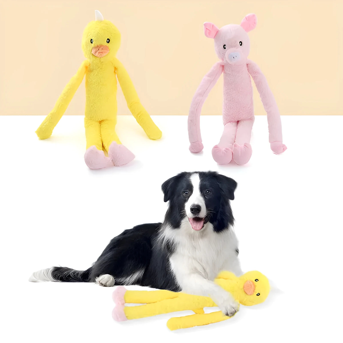 Golden retriever plush dog toy with pink or yellow colour options showing rattle paper sound elements