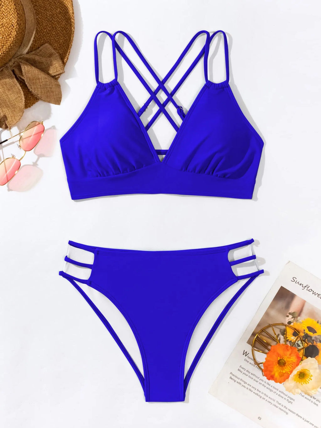 Women's v-neck halter bikini swimsuit with split shorts in nylon fabric