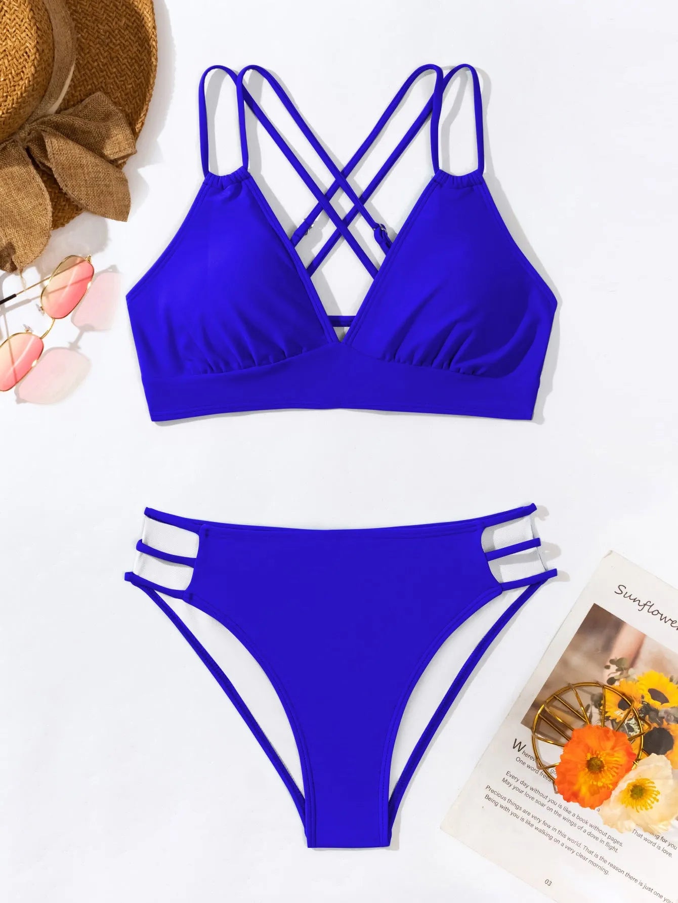 Women's v-neck halter bikini swimsuit with split shorts in nylon fabric