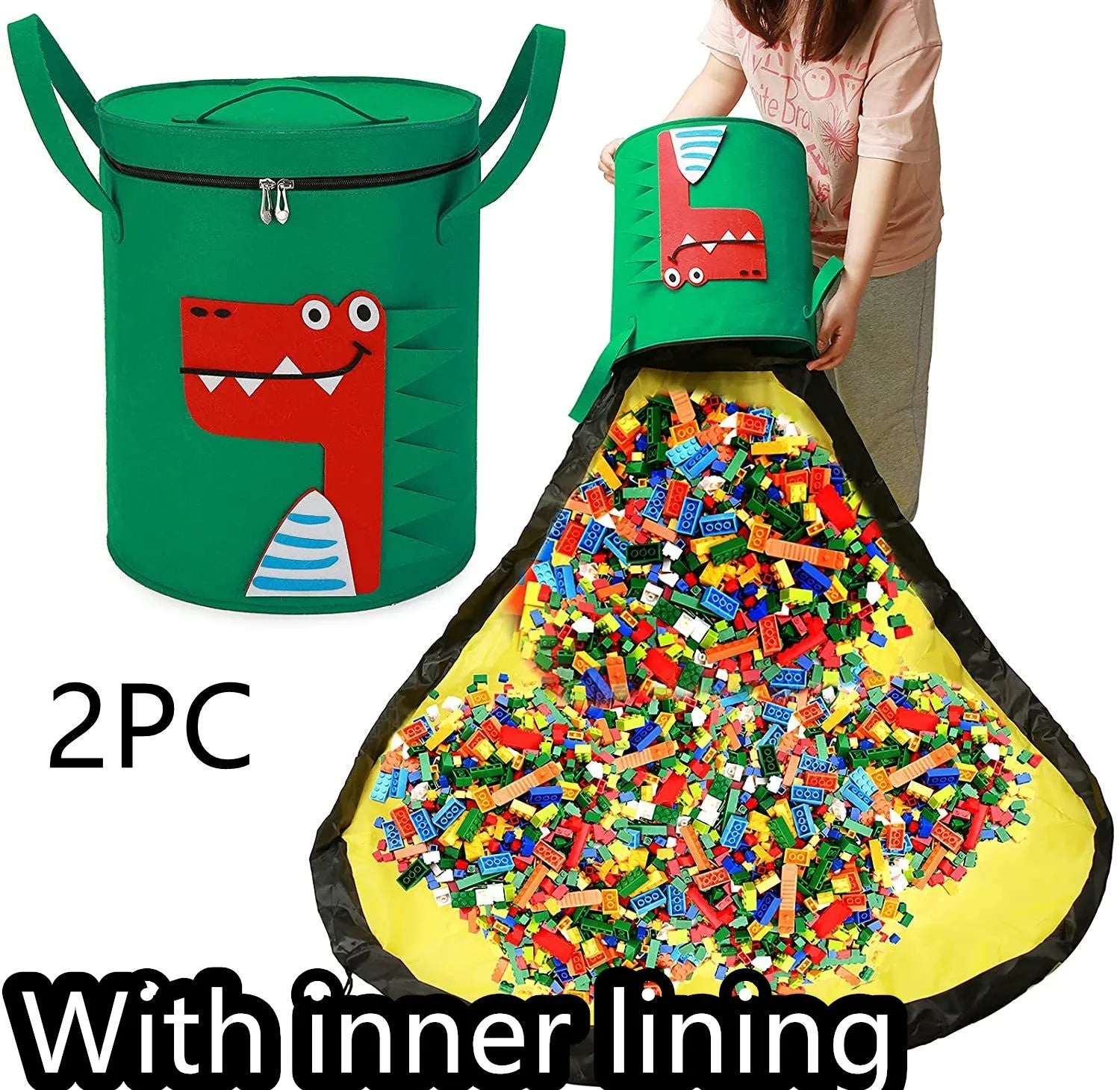 Green felt cube storage bag with pull rope, laid flat as a play mat