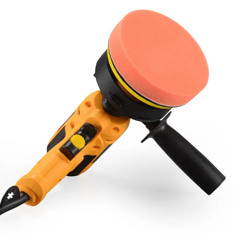 Yellow automotive polishing machine with a 125mm disc, 700W power, for cars, wood, tiles, and leather.