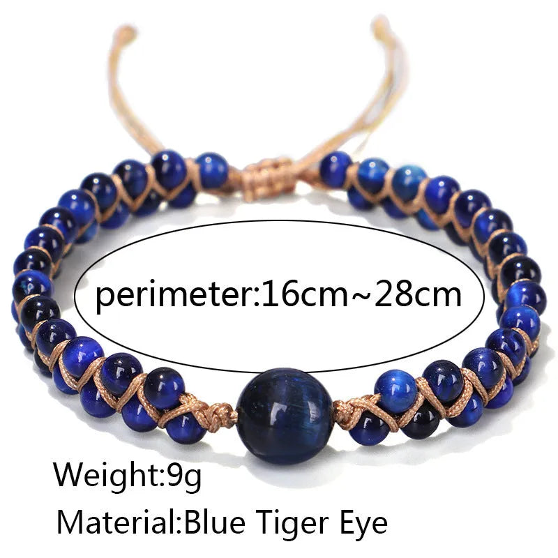 Handmade woven pull bracelet with Tigereye or Amethyst gemstone beads in geometric design
