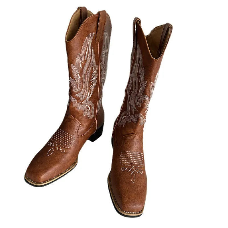 Brown women's mid-calf embroidered Martin boots with leather lining and a square low heel