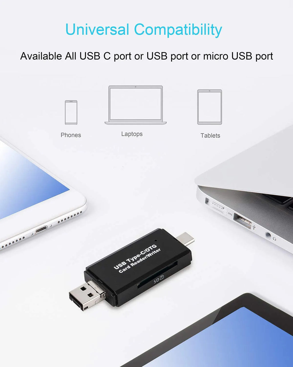 Black USB 3.0 memory card reader with Type-C connector for SD and TF cards