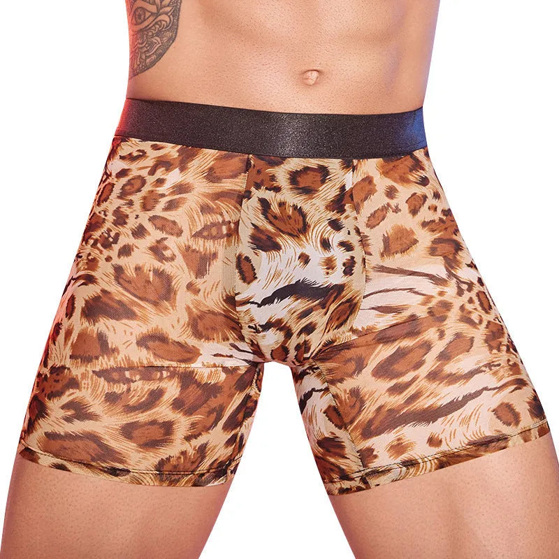 Men's leopard print boxer shorts made from nylon fabric, shown laid flat.