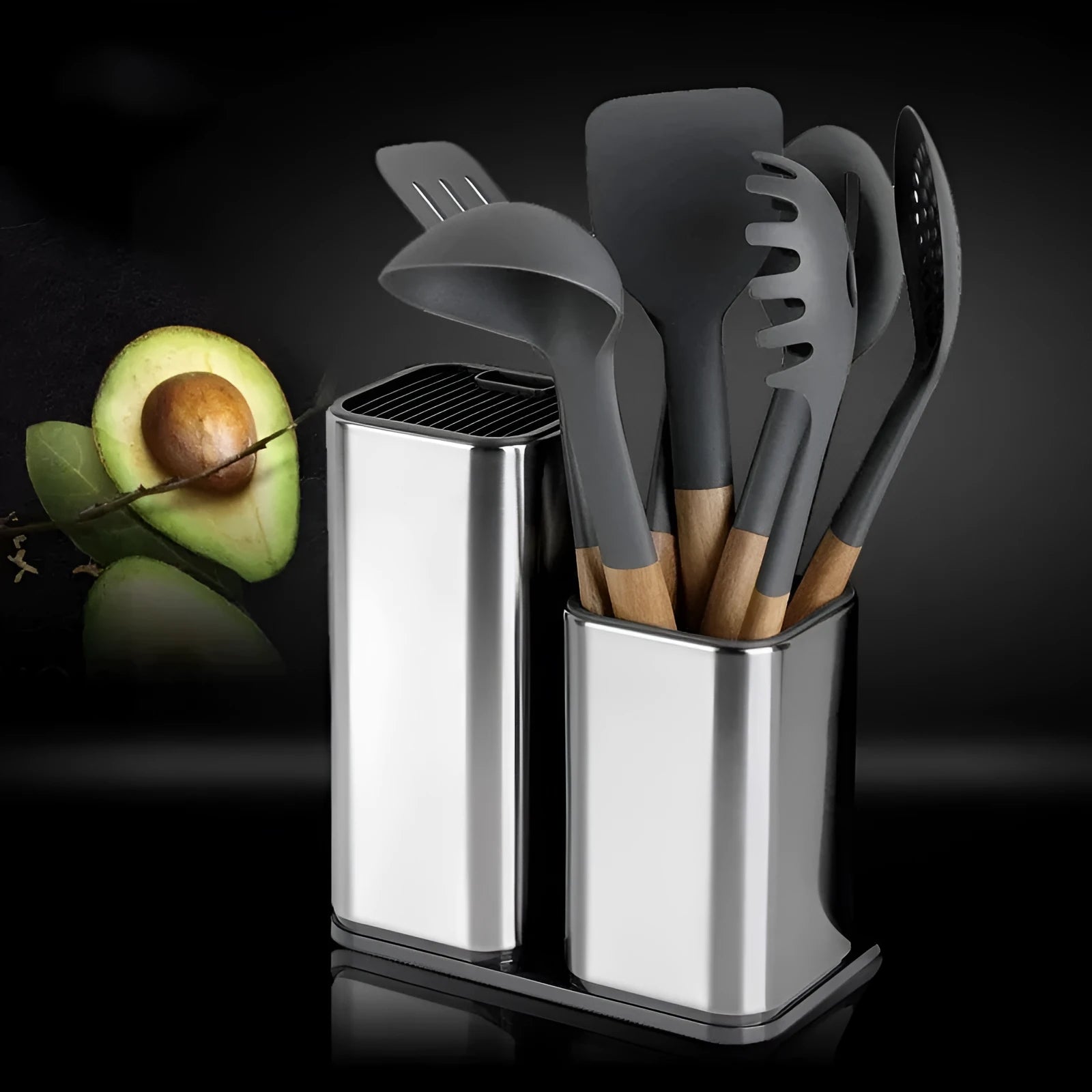 Stainless steel kitchen tool holder with detachable bottom in black or white for knife and utensil storage