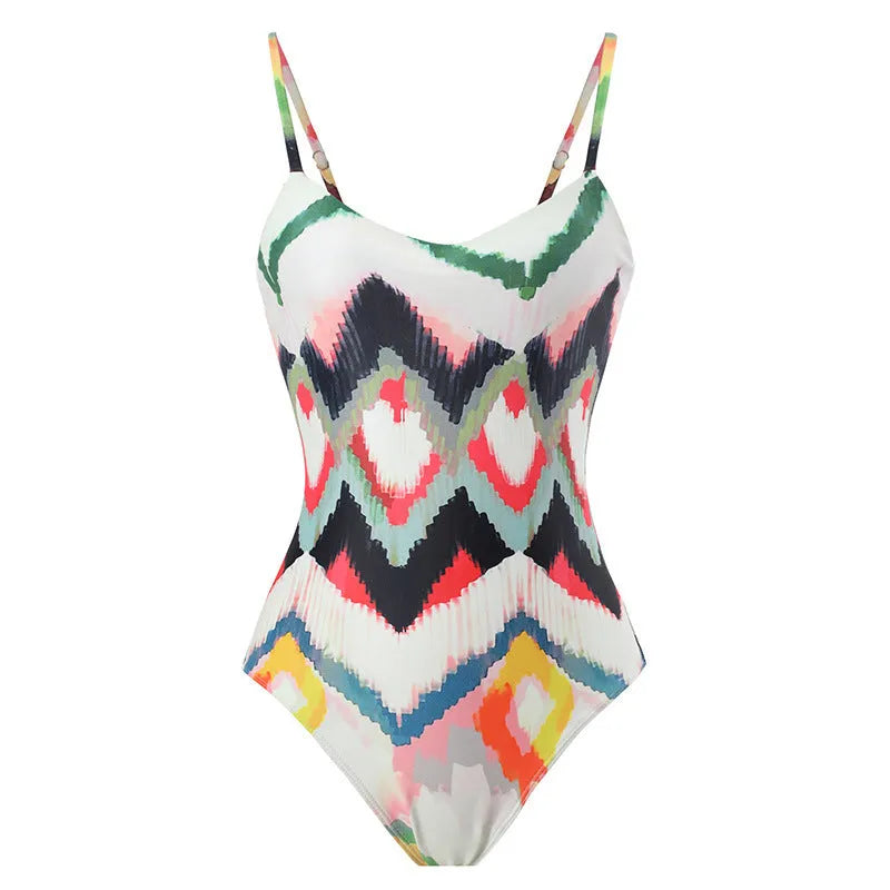 Women's two-piece swimsuit set with matching hip skirt in striped and gradient patterns