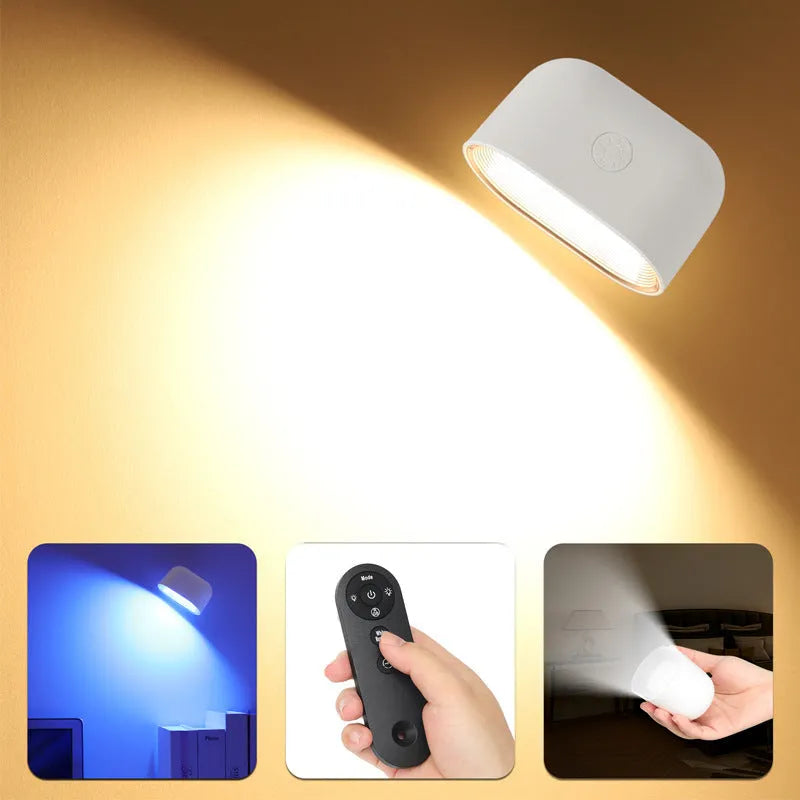 White remote touch magnetic wall lamp with oval light on adhesive mount, showing remote control.