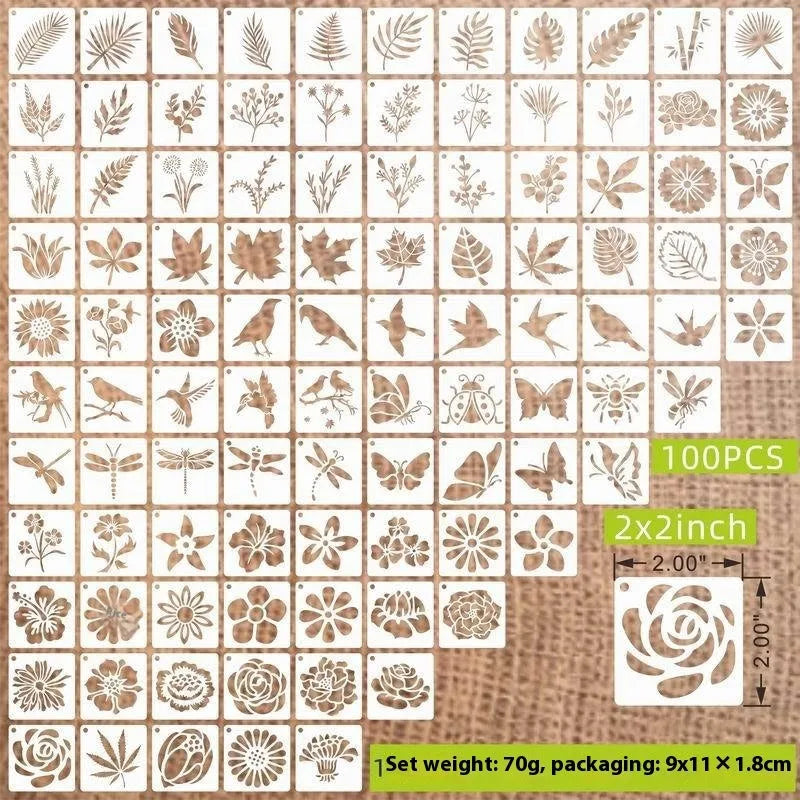 Milky white PET film 2-inch spray painting stencil templates with flower, leaf, bird, ocean, and animal patterns