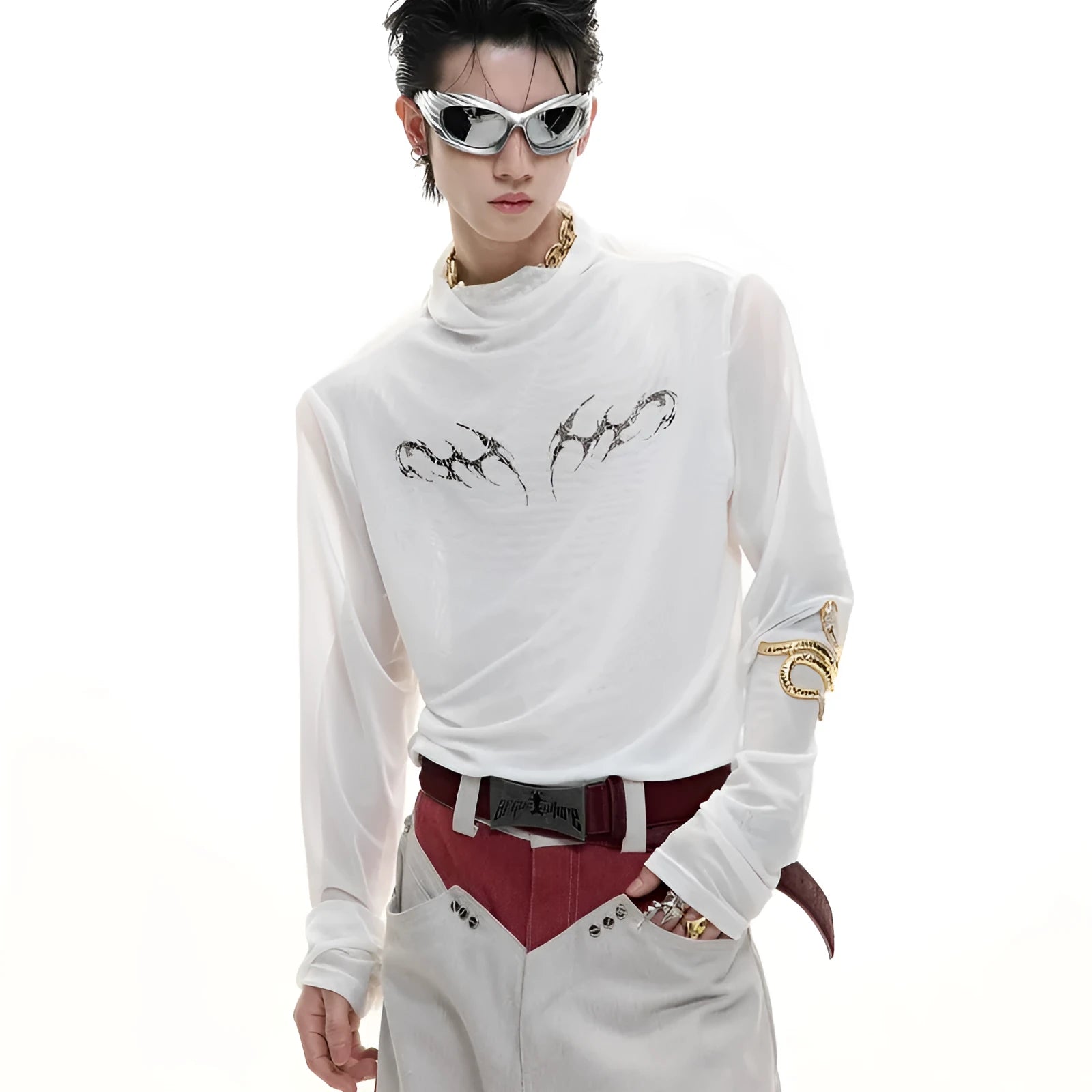 Men's black slim-fit long sleeve mesh shirt, a base layer made from polyester and spandex fabric.