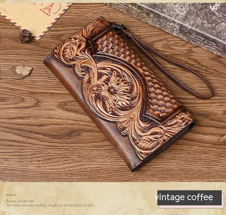 Chinese style embossed tri-fold wallet in first layer cowhide genuine leather with floral pattern