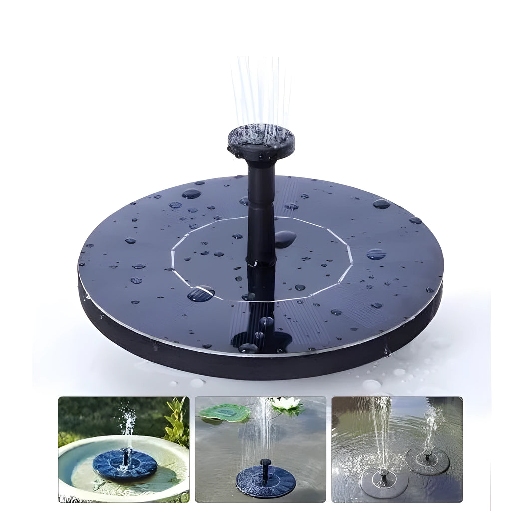 Black solar water fountain pump with solar panel and four spray nozzles for garden ponds