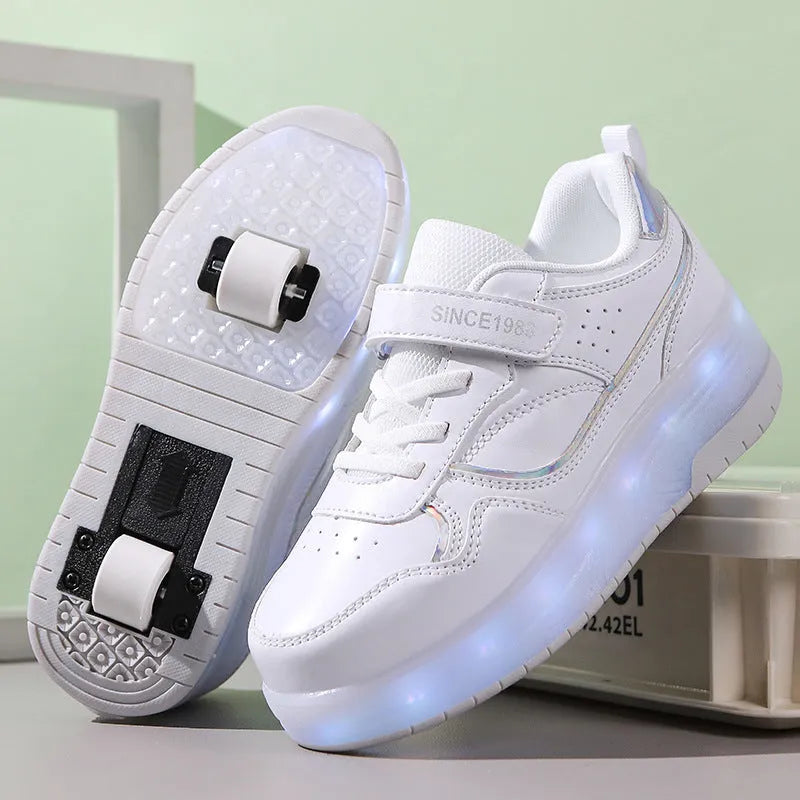 Kids' LED light-up roller skates with rechargeable wheels in pink, showing both two-wheel and four-wheel design options.