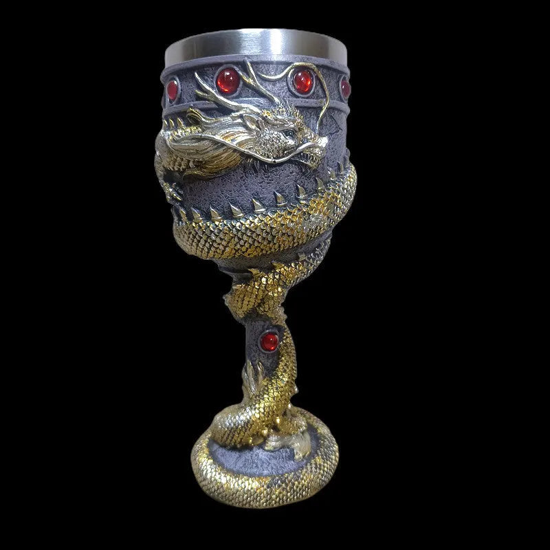 Stainless steel red wine glass with 3D Chinese dragon design in gold or red colour