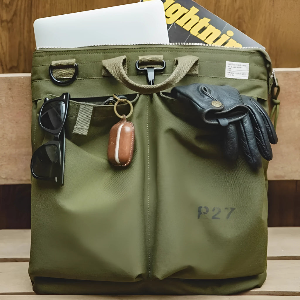 Marden Tooling Helmet canvas crossbody messenger bag in military green with laptop compartment