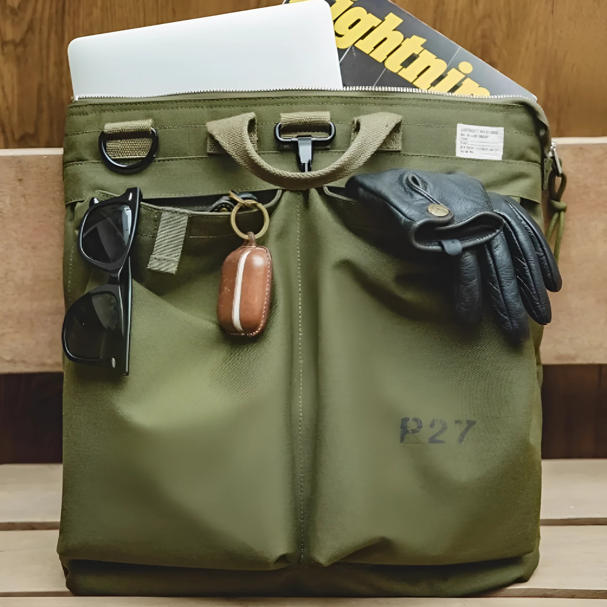 Marden Tooling Helmet canvas crossbody messenger bag in military green with laptop compartment