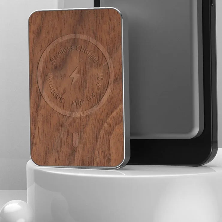 Khaki coloured magnetic wireless charging bank with aluminium alloy shell showing dimensions and USB port
